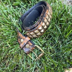 Studded Leather Belt - Gold and Brown